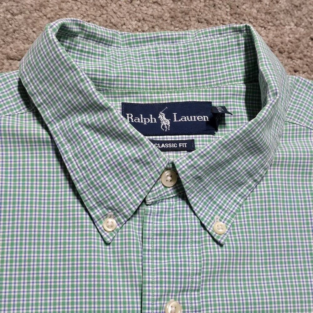 VTG Ralph Lauren Button Down Shirt Mens XL Green Check Classic Fit Orange Pony